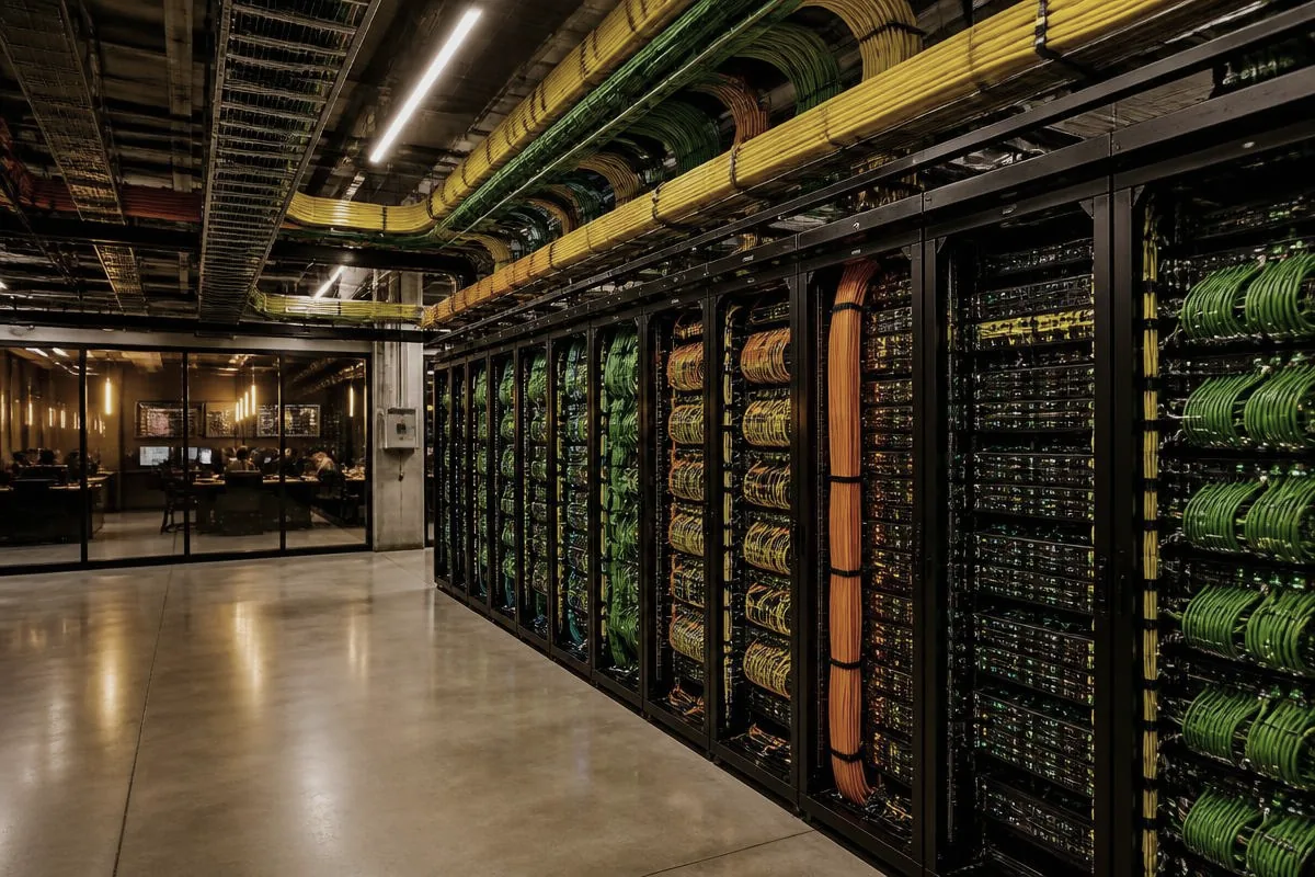 Training cluster hall with rows of illuminated compute racks