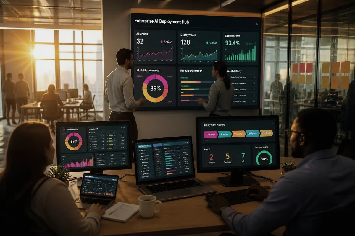 Enterprise operations centre with dashboards monitoring deployed AI workloads